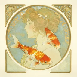side profile centered portrait, koi fish, by artgerm, cushart krenz, greg rutkowski, mucha. art nouveau. gloomhaven, swirly vibrant ripples, gaudy colors, sharp edges. ultra clear detailed. 8 k. elegant, intricate, octane render