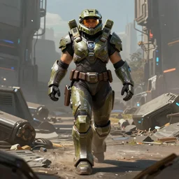 a beefy female warrior walking in a cyberpunk wasteland facing the camera, mjolnir armor from halo infinite without a helmet, female face features, 8K, octane render, Digital painting, concept art, illustration, sharp focus, centered, good value control, realistic shading, rational painting, rubber undersuit