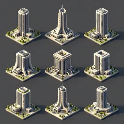 collection of isometric building assets, sci fi, modern architecture, modular game dev art