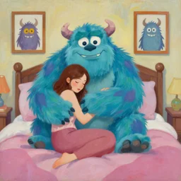 a painting of a woman hugging a monster while in bed ; framed pictures of monsters on the walls