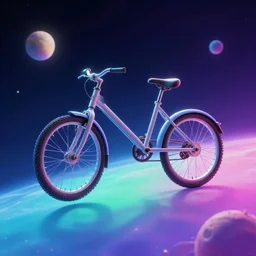 broken bike floating in colorful space, backlit, outer space, vaporwave