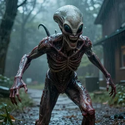 still from a horror movie of grotesque alien lunging towards the camera, highly detailed, horror movie scene, unreal engine, octane render, natural light outside raining