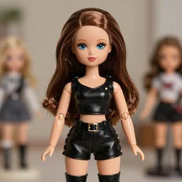 high quality presentation photo of a cute Mia khalifa in leather outfit porcelain doll in the style of mark ryden photography 4k, f1.8 anamorphic, bokeh, 4k, Canon, Nikon
