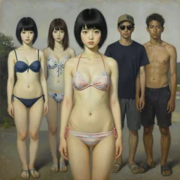 pop surrealism, lowbrow art, realistic cute japanese girl wearing bikini painting, japanese street fashion, hyper realism, muted colours, rococo, natalie shau, loreta lux, tom bagshaw, mark ryden, trevor brown style,