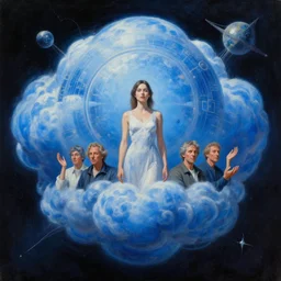 a woman in a giant blue techno cloud planet in space, robert mccall, tim hildebrandt, bruce pennington, donato giancola, trending on artstation, cinematic composition, beautiful lighting, hyper detailed, 8 k, oil on canvas