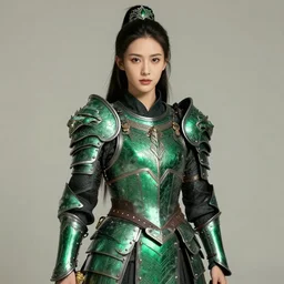 photo of a real-life beautiful female warrior with emerald encrusted armour