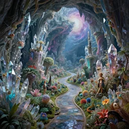 an epic masterpiece mysterious sci - fi matte painting of a winding path through crystal cave dream worlds with surreal crystal structures, inspired by heironymous bosch's garden of earthly delights, digital art, dynamic lighting, vibrant colours, surreal lush landscapes by asher durand and cyril rolando and natalie shau and thomas kinkade, insanely detailed and intricate, elegant, subterranean galaxy, 8 k