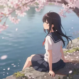 Soft blur, digital art, anime, advanced digital art, girl sitting at the edge of a cliff overlooking a lake filled with sakura petals, light reflected on her face in the style of pixivs. —W 1024 —H 1024