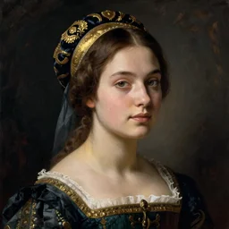 portrait of young woman in renaissance dress and renaissance headdress, art by edouard manet