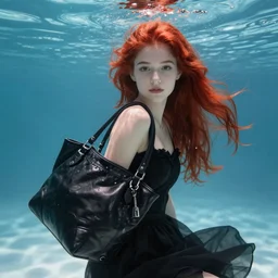 portrait of a girl with long red hair in a black dress, under water, very beautiful style, girl wrapped in leather salafan bag black, photorealism george copeland ault