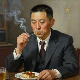 realistic portrait painting of yakuza wearing suits while smoking and eating in the style of soviet realism