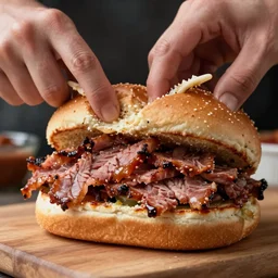 a pulled pork sandwich with shark teeth, biting a human hand, close-up, highly detailed, hyper-realistic, unreal engine