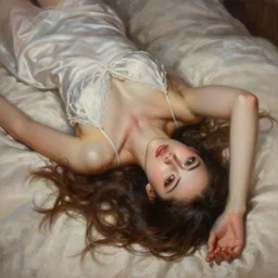 highly detailed oil painting, poster of beautiful girl wearing night gown laying in her bed, fantasy character portrait, dynamic pose, above view, top lighting, realistic shaded, perfect face, 8 k realistic, hyper detailed, digital painting, artstation, concept art, hyper detailed eyes, top lighting, art by sam spratt
