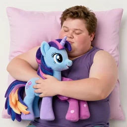 fat mike lindell hugging an my little pony plushy. still from mypillow ad