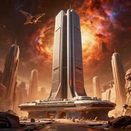 warm colours, highly detailed cinematic scifi render of a 3 d sculpt of'tyrell corporation headquarters'military cyberpunk john harris subway tunnel hoover dam'aircraft carrier tower'megalithic tower structure city in space, beeple, halo, star wars, ilm, star citizen, halo, mass effect, high tech industrial, artstation unreal, dramatic powerful nebula, 4 k, 8 k, hd