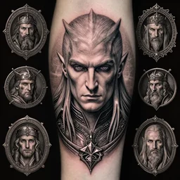sauron, sorcerer, lord of the rings, tattoo, decorated ornaments by carl spitzweg, ismail inceoglu, vdragan bibin, hans thoma, greg rutkowski, alexandros pyromallis, perfect face, fine details, realistic shaded
