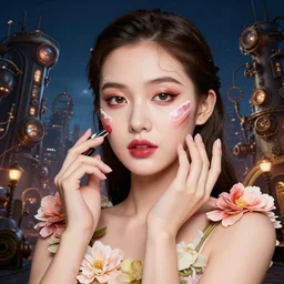 a girl with makeup, cosmetics, face paint, clothed in flowers behind a steampunk city, night setting. realistic shaded lighting poster by ilya kuvshinov katsuhiro, magali villeneuve, artgerm, jeremy lipkin and michael garmash, rob rey and kentaro miura style, trending on art station