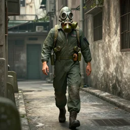 a man in a gas mask and a flight suit, walking inside the kowloon walled city. unreal engine.