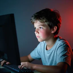 aged analog photo from a boy on a computer, monitor warm azure tones red color bleed film grain