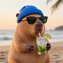 a photorealistic photograph of a knitted cute Capybara wearing sunglasses and dressed in a blue beanie cap. The subject is also sipping out of a refreshing Mojito drink at the beach during sunset. The image is Trending on Artstation, featured on Behance, well-rendered, fine detail, extra crisp image, Unreal Engine, 4K HD