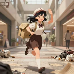 Digital anime art by WLOP and Mobius, A messenger girl in 1920s clothes delivers mail, running and waving arms, indoor mall, poverty stricken, paper everywhere, garbage everywhere, highly detailed, intriguing lighting