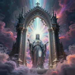 [ palate ] [ nebulous energy ] [ muted neon colors ] intricate giant gothic style portal to purgatory with paisley cloud pattern, god at the gate, award winning composition, vibrant neon nebulous clouds, symmetrical details, hyper realistic illustration, radiant light rays, photorealistic illustration, intricate and fine details, volumetric lighting,