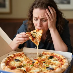 Scottish woman regretting eating all the pizza, photo, detailed, 4k