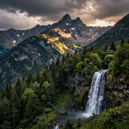 a stunning natural landscape, with mountains, forests and a waterfall