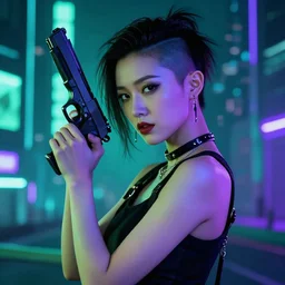 cyberpunk chick with a side head shave in a city with aqua, green, and purple neon lighting, holding a gun, posed
