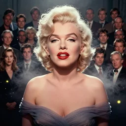 Marilyn Monroe staring into the camera, misty wisps, fireflies, Lilia Alvarado, Sophie Anderson, Mark Arian, Bob Byerley, Charlie Bowater, Mark Brooks, Steve Henderson, Justin Gerard, Arthur Hughes, Edward Robert Hughes, Mark Keathley, Victor Nizovtsev, Carlos Shwabe, Ross Tran, WLOP