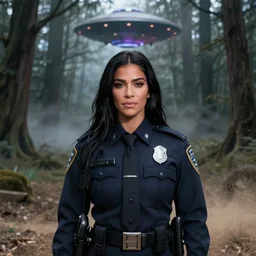 kim kardashian as a cop, police uniform, chest and face in view, full portrait, haunted forest with ufo sitting in the distant fog, pretty, aesthetic, dust molecules, matte detailed photo, DeviantArt, Artstation, by donato giancola, ralph horley, loish, cinematic lighting