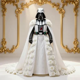perfectly - centered!! looking at the camera!!! full body portrait of white darth vader in wedding dress with roses, bright lighting, godrays, golden, baroque style, roses, intricate abstract upper body intricate artwork, by tooth wu, wlop, beeple, dan mumford. concept art, octane render, deviantart, greg rutkowski, cinematic arthouse, key art, hyper realism, iridescent accents