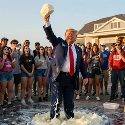 donald trump throwing pudding onto citizens, citizens soaked with pudding, golden hour, boardwalk, professional photography