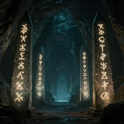 a collection of glowing mystic symbols on the sides of several obelisks in a cave, dark, sinister, gates to another dimension, ethereal