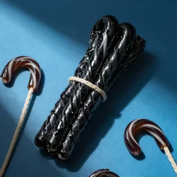 a bundle of black twizzlers on a blue background, ropes of licorice candy,