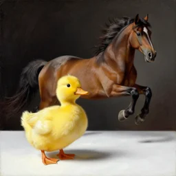 still life painting of a yellow laughing duck rabbit with a jumping horse on a white table, high contrast lighting, impressionism, real fur, real feather