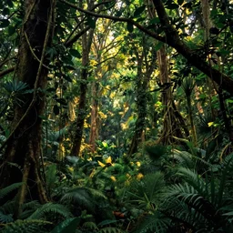 the jungle is a dense, green forest full of life. the trees are tall and the undergrowth is thick. vines and creepers drape down from the branches, and the air is thick with the smell of the earth and the trees. the light filters through the leaves, dappling the ground in green and gold