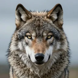 half human face, half wolf face, half human face with half wolf, front view, wide angle