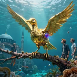 by ian miller and bjorn hurri, visually stunning, cinematic, ultra realistic, hyper realism, 1 2 k, epic, octane render, unreal engine, vfx, maya, aquatic : ♥🌊, a golden mechanical bird on a bough in istanbul : chimera incubator, a symbiont parasite that will manifest