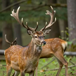 a national geographic photo of deer that red color in forest, f 2,0, telephoto