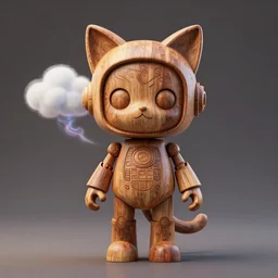 3 d octane render, ultra photorealistic, 8 k hyper detailed image unreal engine, a beautiful wood statue of a cute figurine of a robot wood with cat ears on, a magic cloud, cyberpunk, alphonse mucha