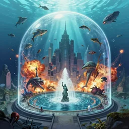 A bustling beautiful city on the sea floor inside a glass dome exploding and being attacked by hostile aliens, war, explosions, violence, terror, spaceships, anime, fountain, statue, underwater, rapture, fish flying over head, godrays, a fantasy digital painting by Greg Rutkowski and James Gurney, trending on Artstation, highly detailed
