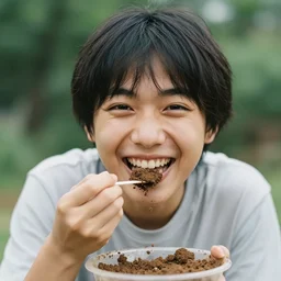 photo of an extremely happy person eating dirt