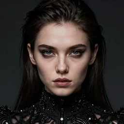face shot portrait of attractive arrogant powerful young woman with black clothes, by greg rutkowski, by zdzislaw beksinski, very detailed, ornate, intricate, octane render, dark color lighting, volumetric lighting, 8 5 mm