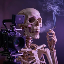 a skeleton smoking a cigarette, soft purple glow, 8k, film still, alexa 65,