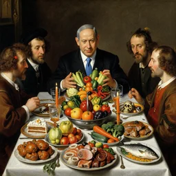 insanely detailed painting of benjamin netanyahu at thanksgiving table, belly full, fruits, vegetables, meats, fish, cakes, candles, skulls, depth of field, intricate, by giuseppe arcimboldo and pieter claesz and grant wood
