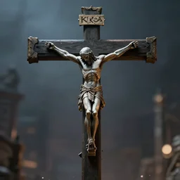 kratos on crucifix, ultra realism, photoreal, bokeh, dark, high detail,