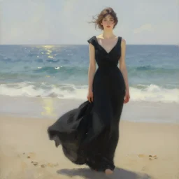 woman on the beach in black dress, full body, leyendecker style, camera glare in oil style,