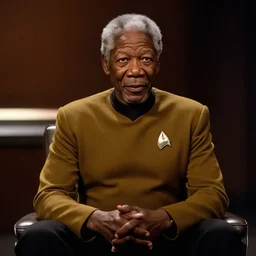 a film still of Morgan Freeman starring as a Captain Picard in a Star Trek: The Next Generation, sitting in Ten Forward, dramatic lighting