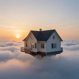 a house floating above the clouds, sunset